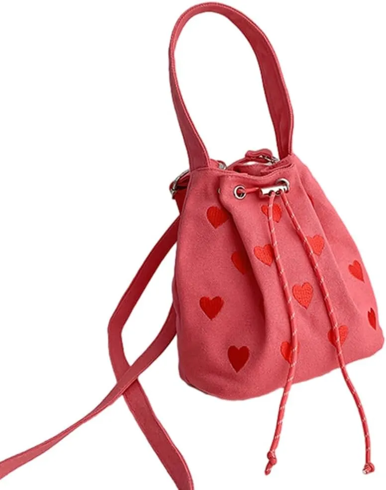 Drawstring Shoulder Bag Embroidered Canvas Bucket Bag Crossbody Bucket Bag Purse