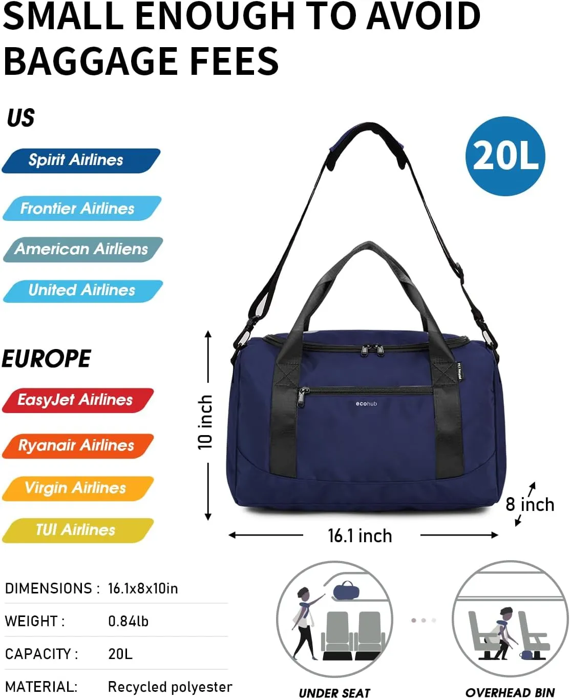 ECOHUB 16'' Personal Item Bag Mini Duffel Bag Small Travel Bag Underseat Carry on Bag for United Airlines Gym Bag for Women and Men