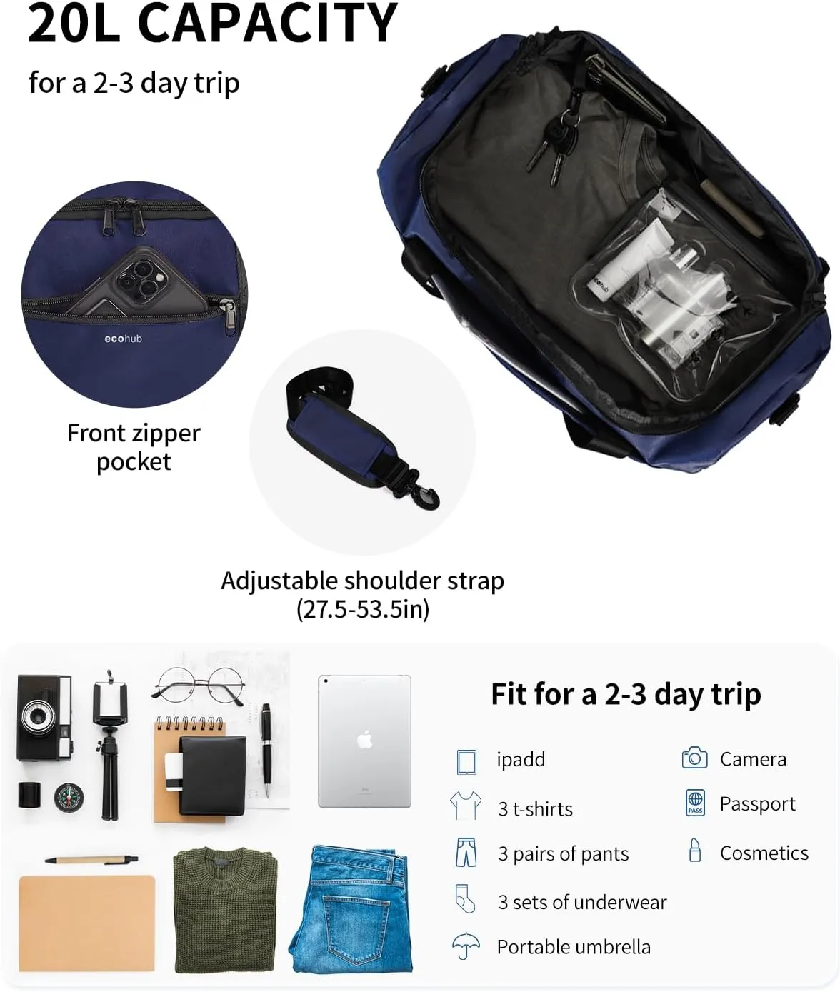ECOHUB 16'' Personal Item Bag Mini Duffel Bag Small Travel Bag Underseat Carry on Bag for United Airlines Gym Bag for Women and Men