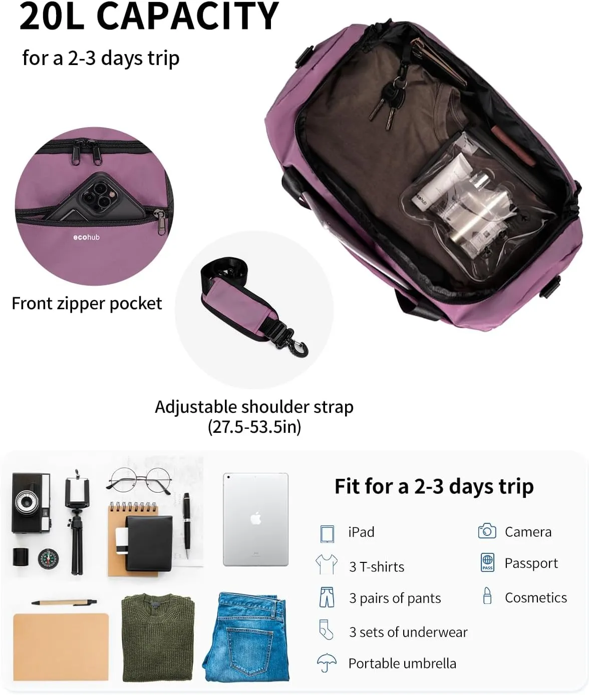 ECOHUB 16'' Personal Item Bag Mini Duffel Bag Small Travel Bag Underseat Carry on Bag for United Airlines Gym Bag for Women and Men