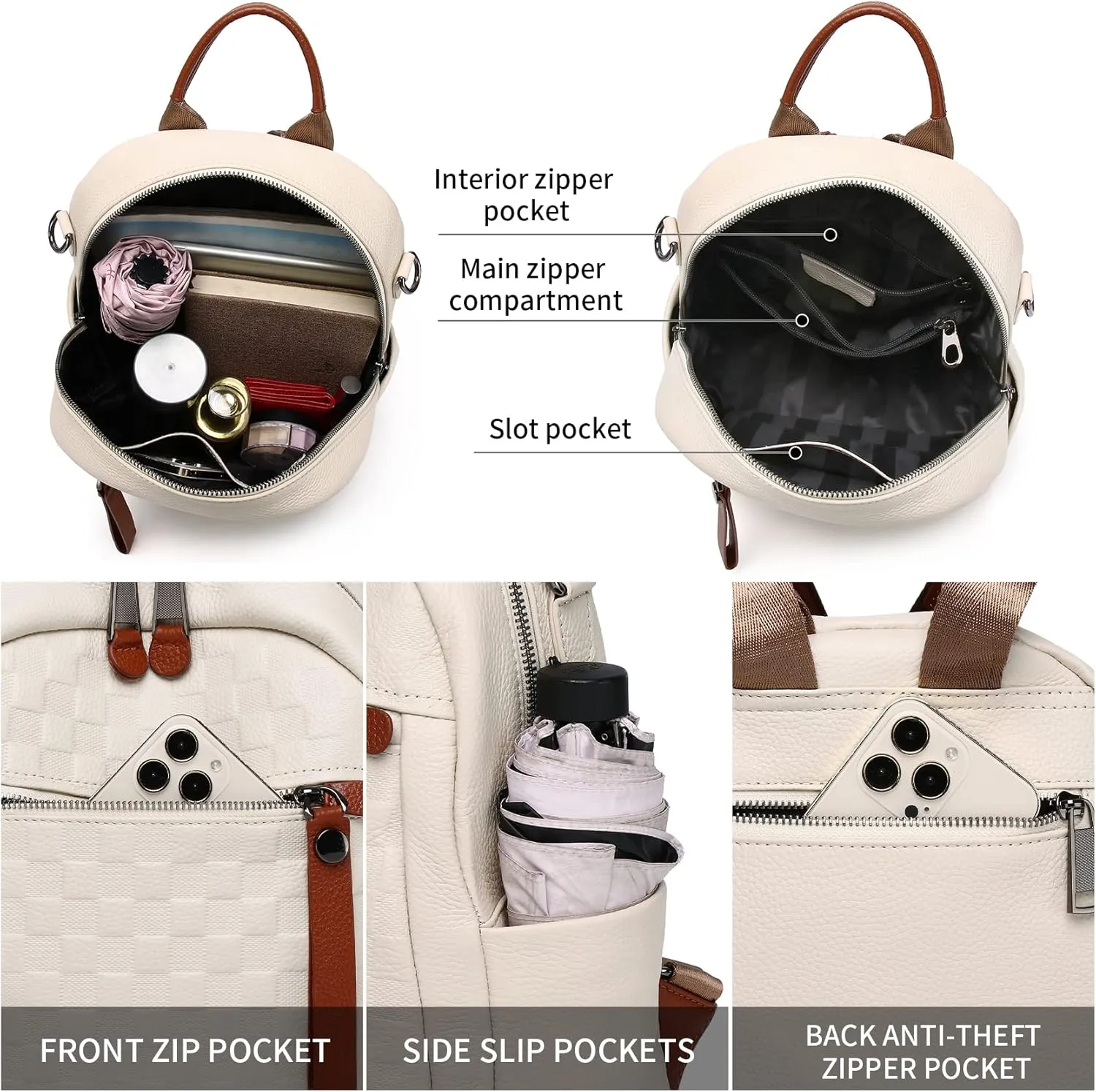 Genuine Leather Backpack Purse For Women Beige Real Soft Leather Checkered Designer Convertible Shoulder Bag