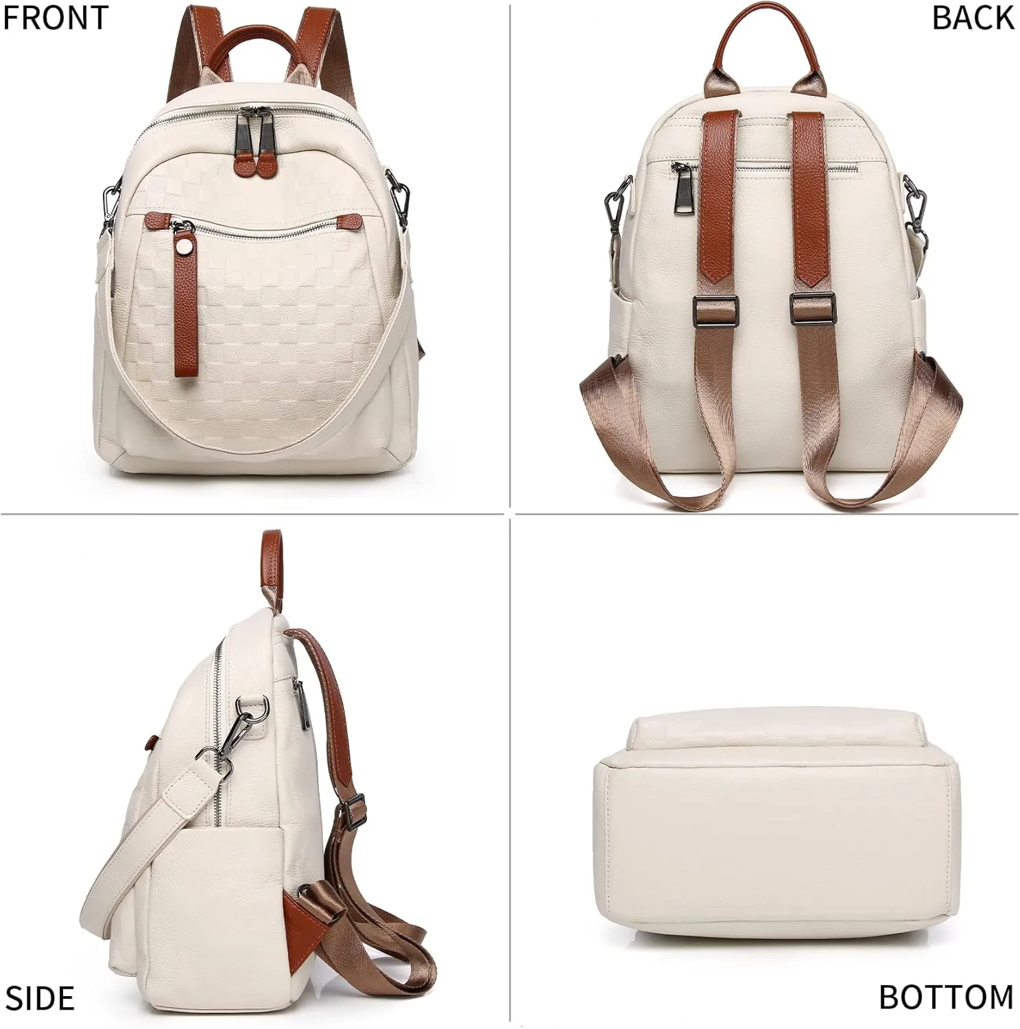 Genuine Leather Backpack Purse For Women Beige Real Soft Leather Checkered Designer Convertible Shoulder Bag