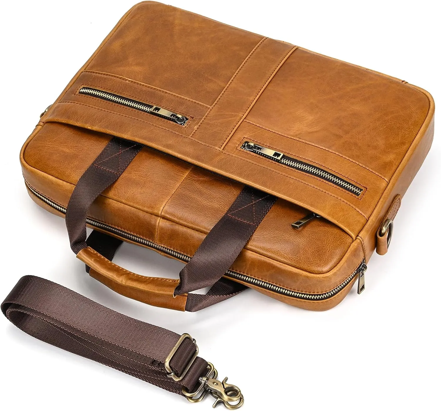 Genuine Leather Briefcase for Men, Laptop Computer Shoulder Bag With Strap, 15.6 Inch Business Travel Work Handbag