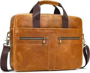 Genuine Leather Briefcase for Men, Laptop Computer Shoulder Bag With Strap, 15.6 Inch Business Travel Work Handbag