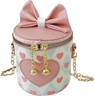 Girls Heart Pattern Bucket Bag, Vegan Leather Shoulder Bags Mini Crossbody Purse with Bow