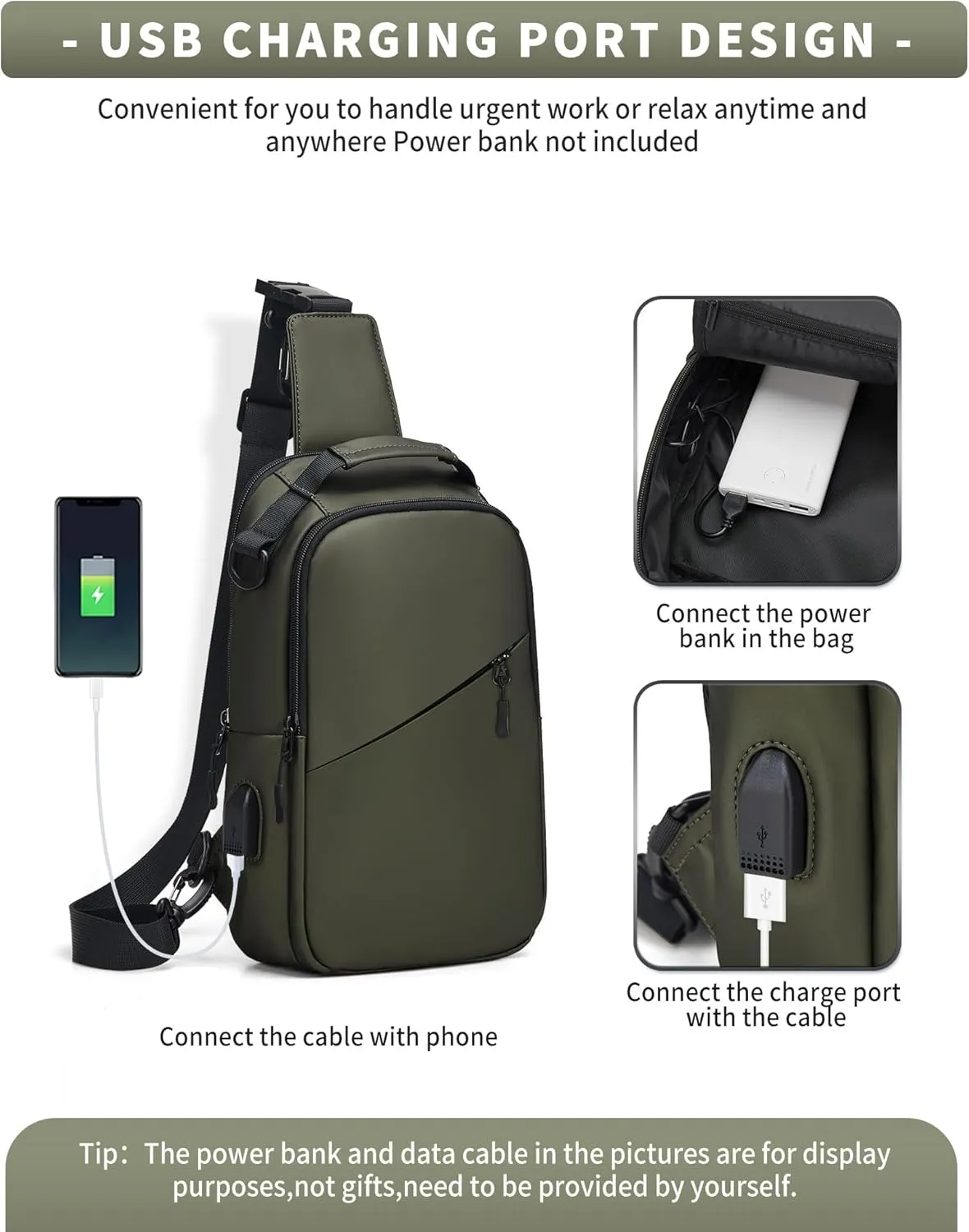 Green Sling Crossbody Backpack Shoulder Messenger Bag for Men Women, Mini Anti Theft One Strap Motorcycle Backpack Sling Tactical Chest Bag for Hiking Walking Biking Travel Cycling