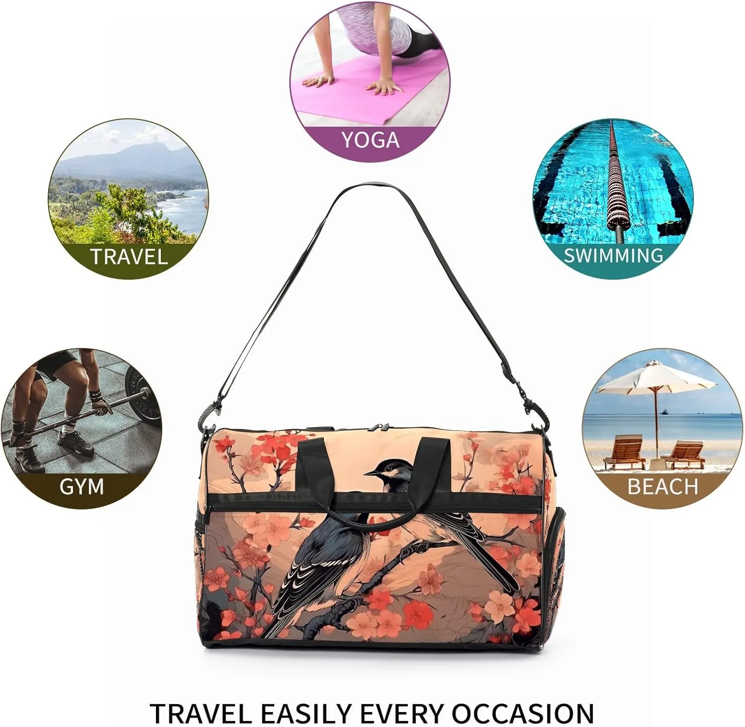 Gym Bag for Women, Carry on Weekender Overnight Bag, Travel Duffel Bags, Personal Item Travel Bag Tote Bag Workout Dance Bag, Chinese Painting Bird - 5