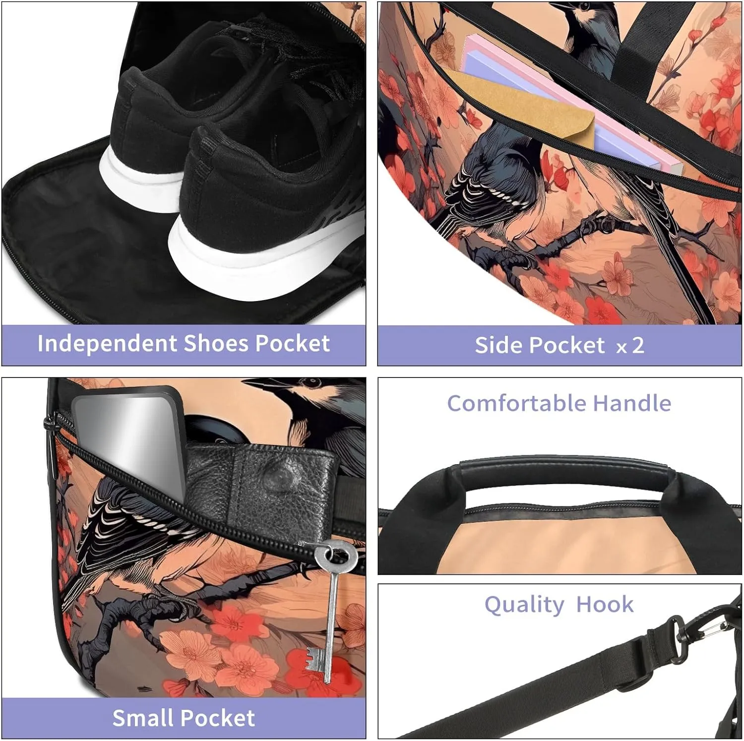 Gym Bag for Women, Carry on Weekender Overnight Bag, Travel Duffel Bags, Personal Item Travel Bag Tote Bag Workout Dance Bag, Chinese Painting Bird - 5