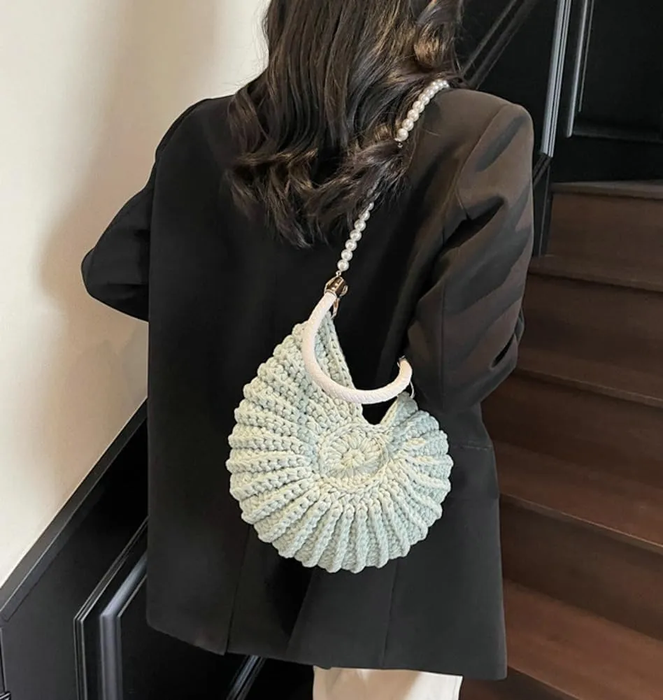 Handwoven Seashell Bag for Women Crochet Beach Bag Boho Clutch with Pearl Strap Leather Handle Unique Design 2025