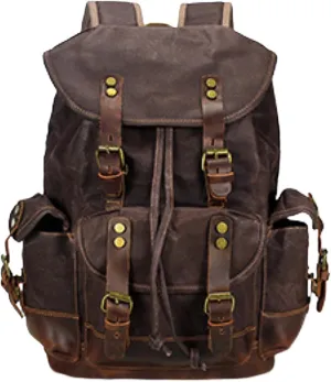 HuaChen Vintage Canvas & Leather Backpack: Spacious Durable Rucksack for Men & Women, Travel, Hiking (M86_Coffee)