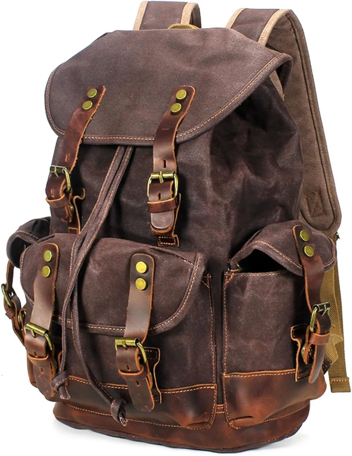 HuaChen Vintage Canvas & Leather Backpack: Spacious Durable Rucksack for Men & Women, Travel, Hiking (M86_Coffee)
