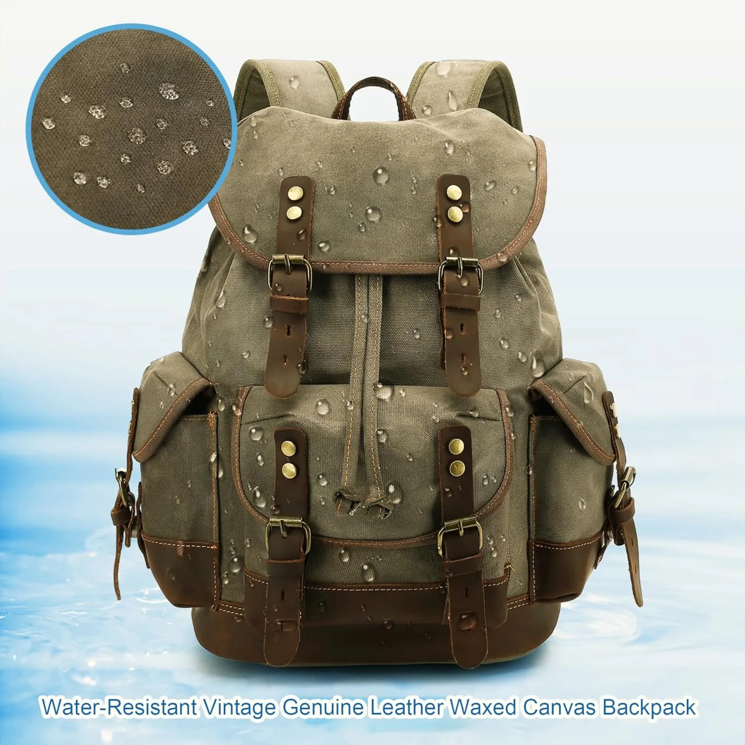 HuaChen Vintage Canvas Leather Backpack: Spacious Durable Rucksack for Men & Women, Perfect for Travel and College Life (M86_Army Green_Coffee)