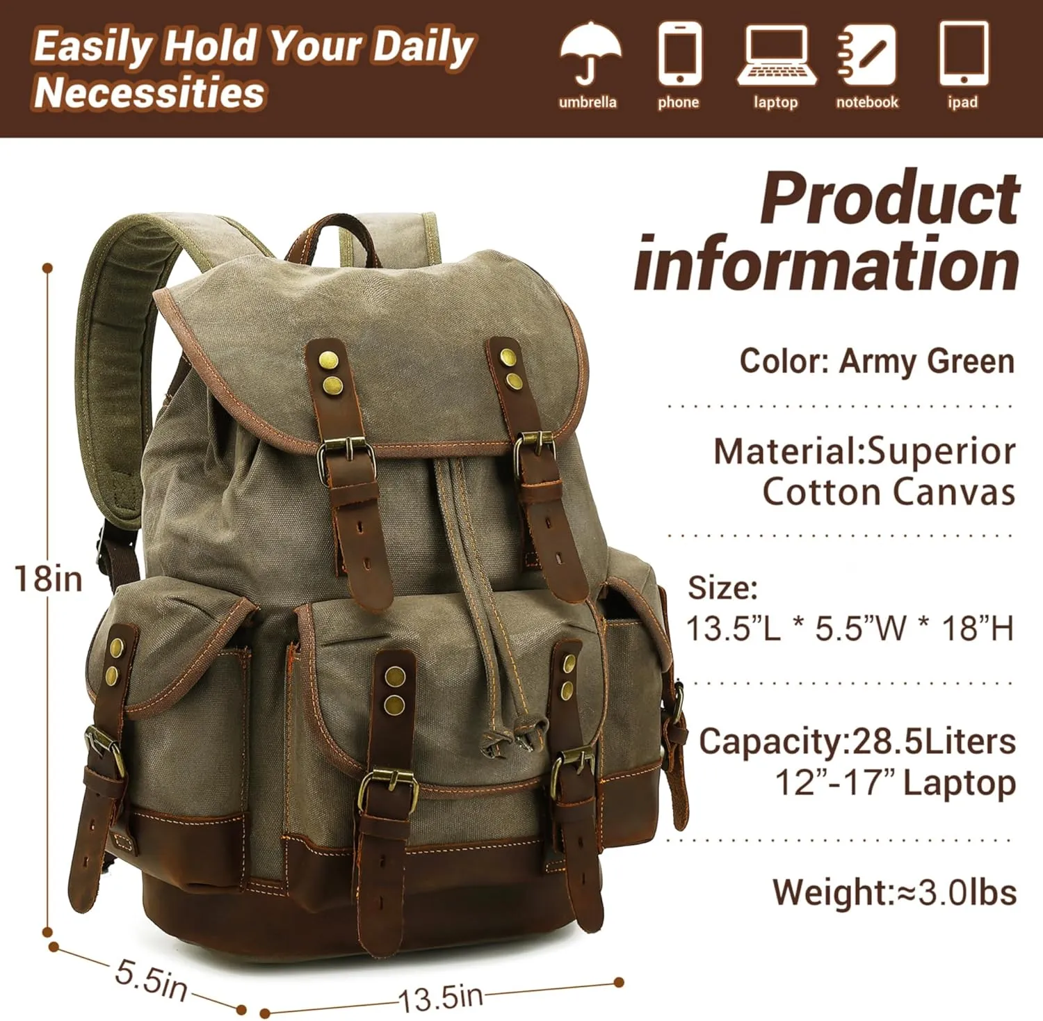 HuaChen Vintage Canvas Leather Backpack: Spacious Durable Rucksack for Men & Women, Perfect for Travel and College Life (M86_Army Green_Coffee)