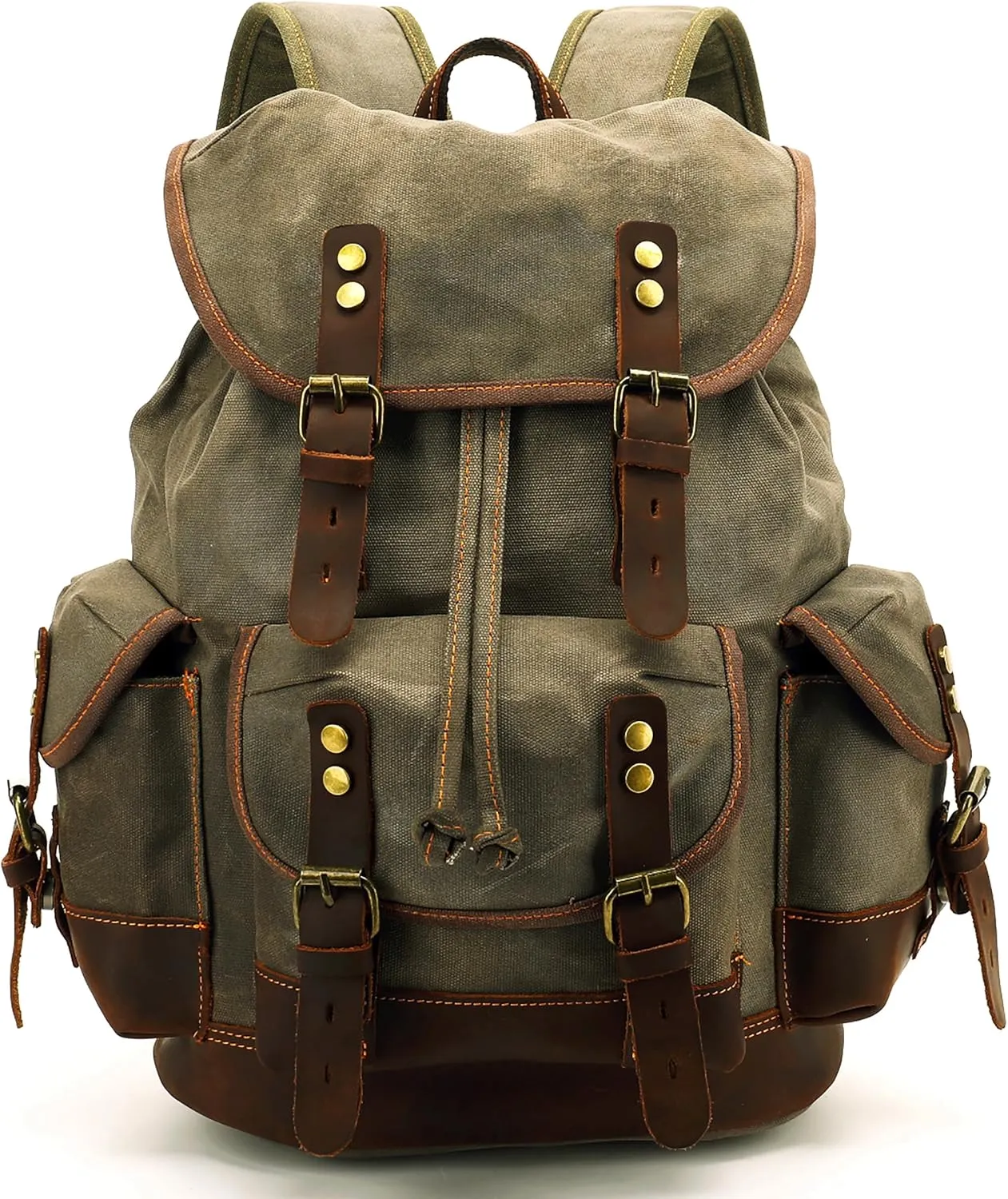 HuaChen Vintage Canvas Leather Backpack: Spacious Durable Rucksack for Men & Women, Perfect for Travel and College Life (M86_Army Green_Coffee)