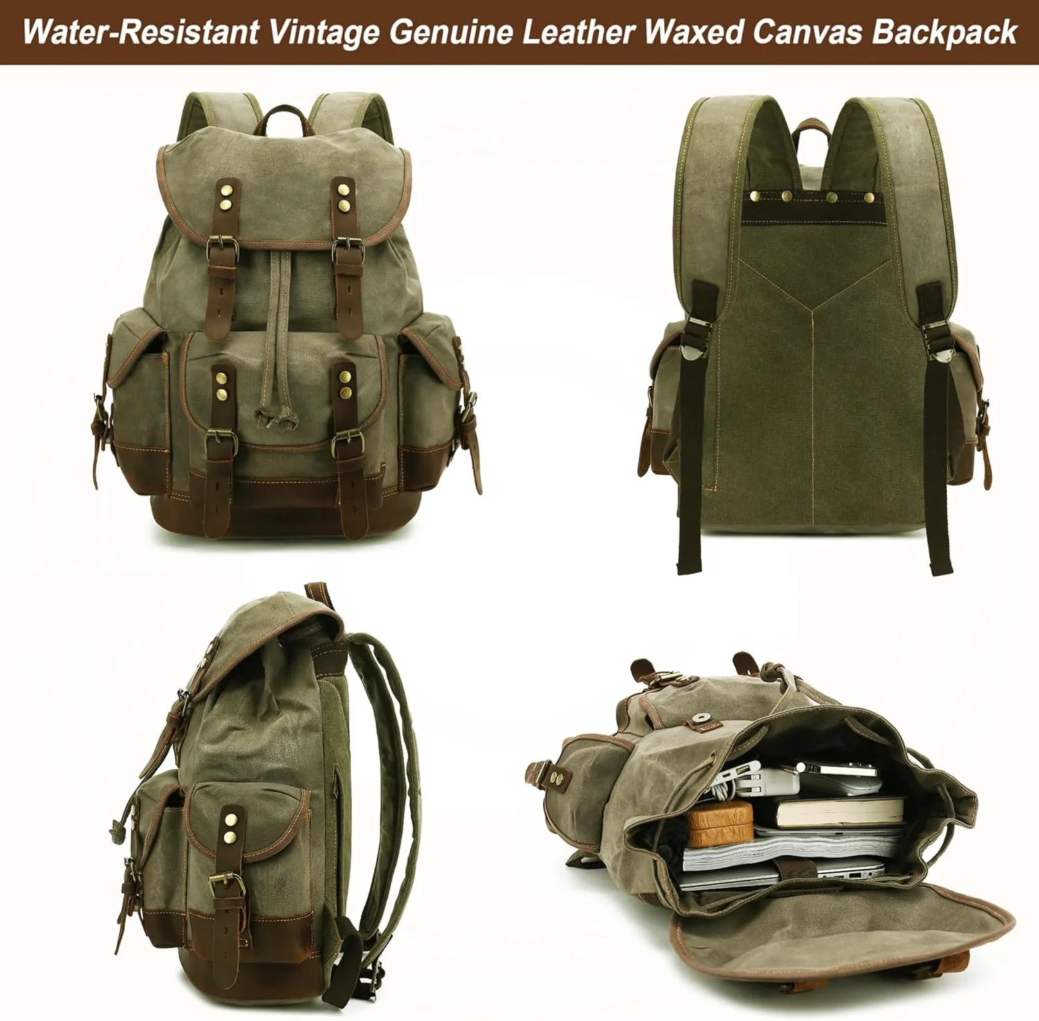 HuaChen Vintage Canvas Leather Backpack: Spacious Durable Rucksack for Men & Women, Perfect for Travel and College Life (M86_Army Green_Coffee)