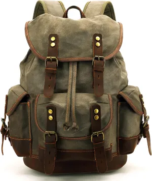 HuaChen Vintage Canvas Leather Backpack: Spacious Durable Rucksack for Men & Women, Perfect for Travel and College Life (M86_Army Green_Coffee)