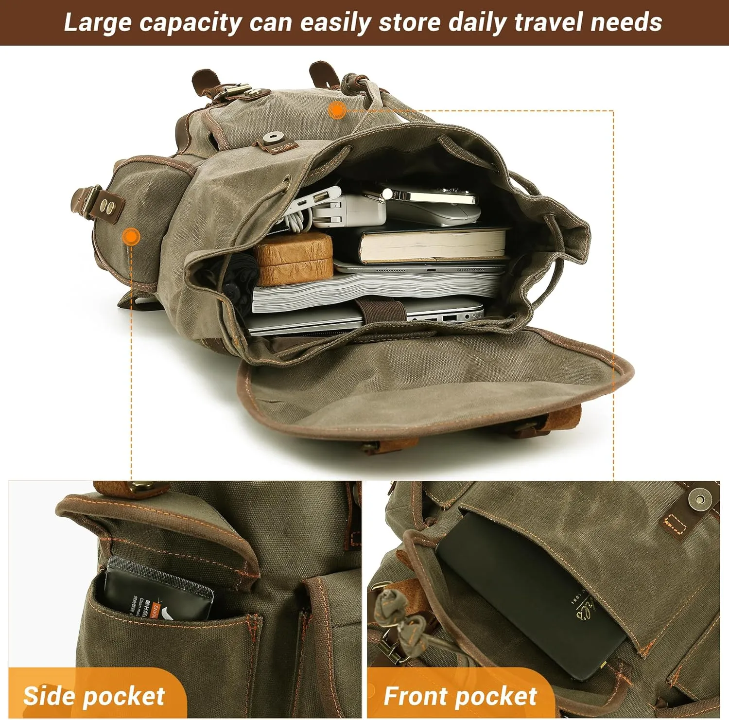 HuaChen Vintage Canvas Leather Backpack: Spacious Durable Rucksack for Men & Women, Perfect for Travel and College Life (M86_Army Green_Coffee)