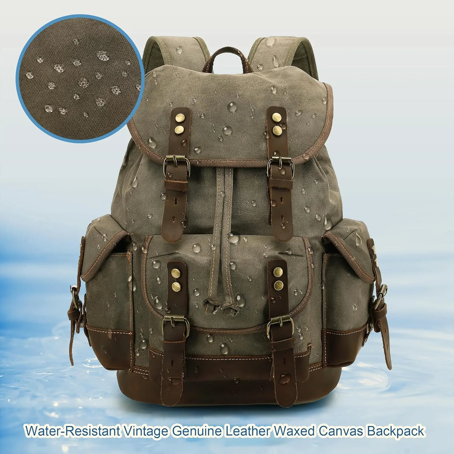 HuaChen Vintage Wax-Coated Canvas & Leather Backpack: Spacious Durable Rucksack for Men & Women, Perfect for Travel, Hiking, and College Life (M86_Army Green with Brown)