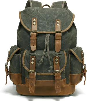 HuaChen Vintage Wax-Coated Canvas & Leather Backpack: Spacious Durable Rucksack for Men & Women, Perfect for Travel, Hiking, and College Life (M86_Army Green with Brown)