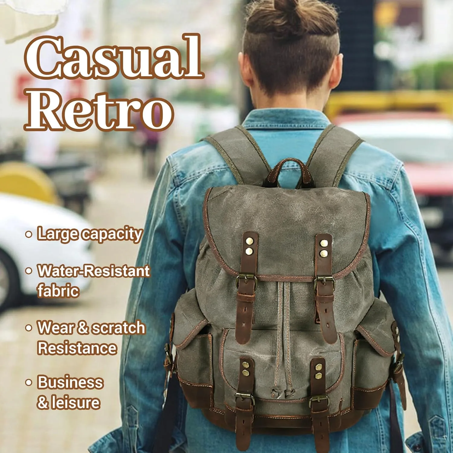 HuaChen Vintage Wax-Coated Canvas & Leather Backpack: Spacious Durable Rucksack for Men & Women, Perfect for Travel, Hiking, and College Life (M86_Army Green with Brown)