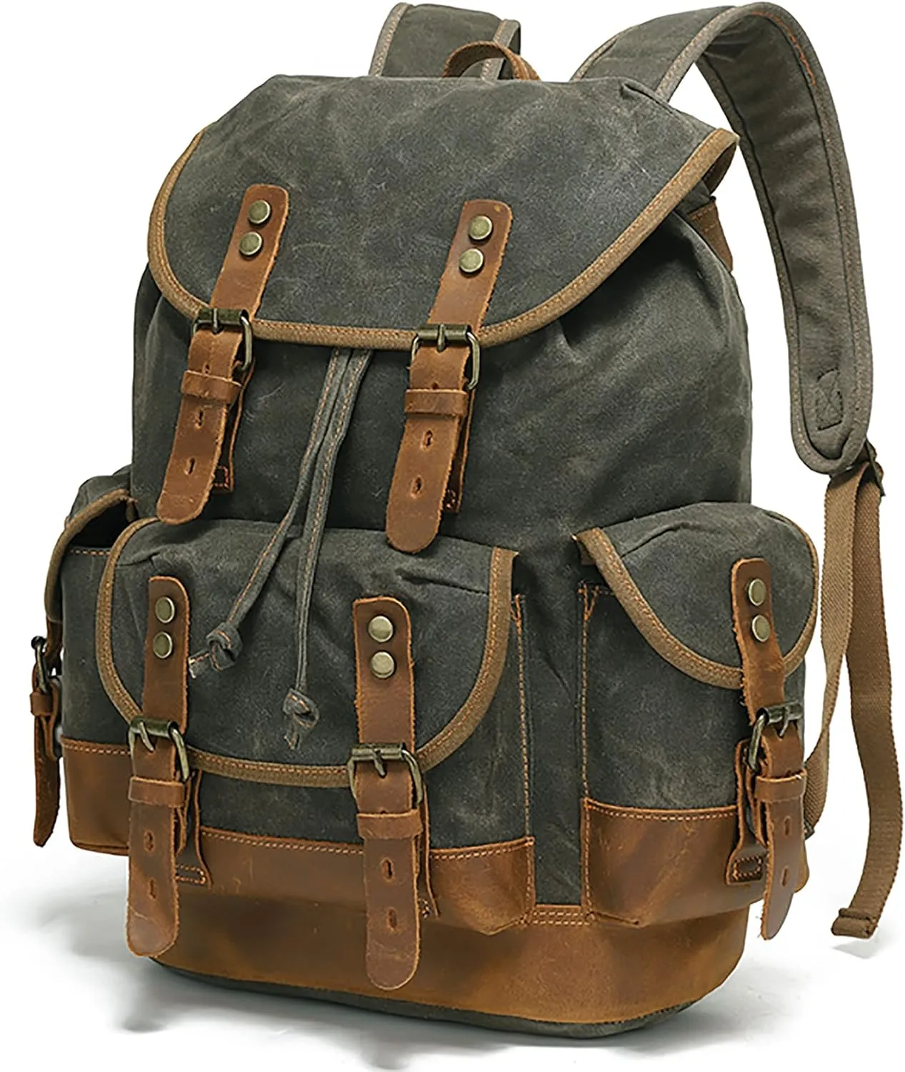 HuaChen Vintage Wax-Coated Canvas & Leather Backpack: Spacious Durable Rucksack for Men & Women, Perfect for Travel, Hiking, and College Life (M86_Army Green with Brown)