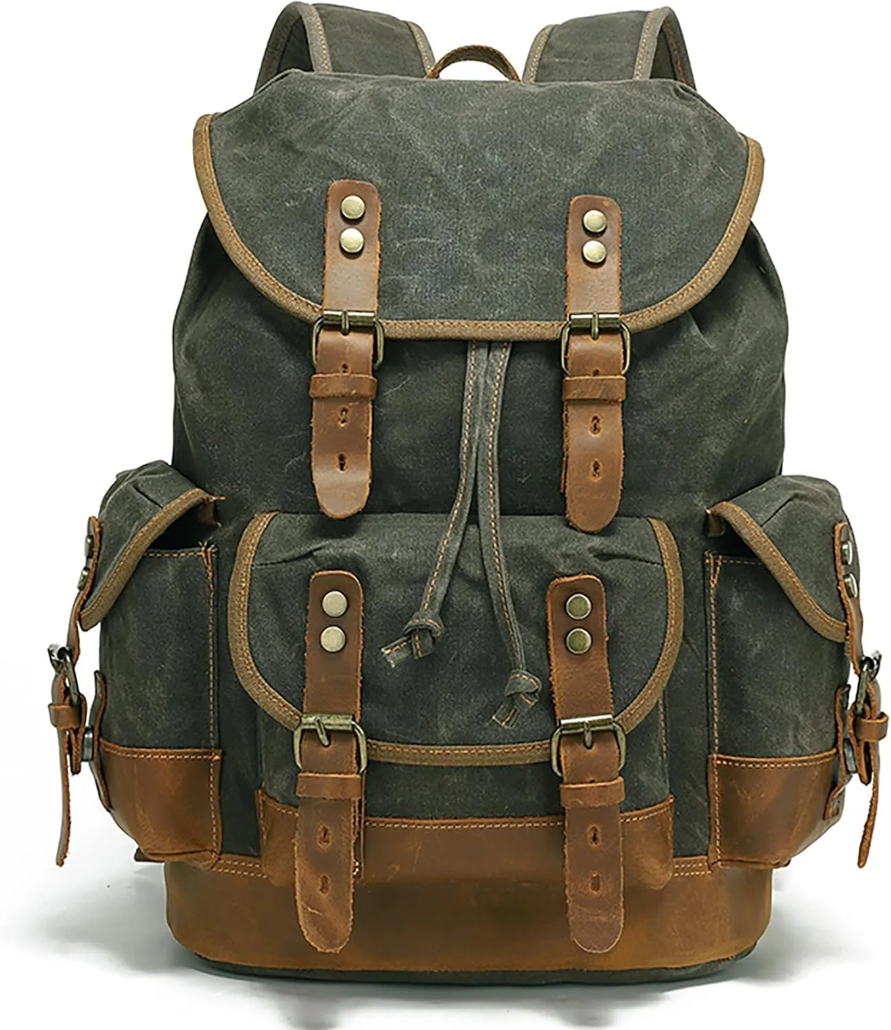 HuaChen Vintage Wax-Coated Canvas & Leather Backpack: Spacious Durable Rucksack for Men & Women, Perfect for Travel, Hiking, and College Life (M86_Army Green with Brown)