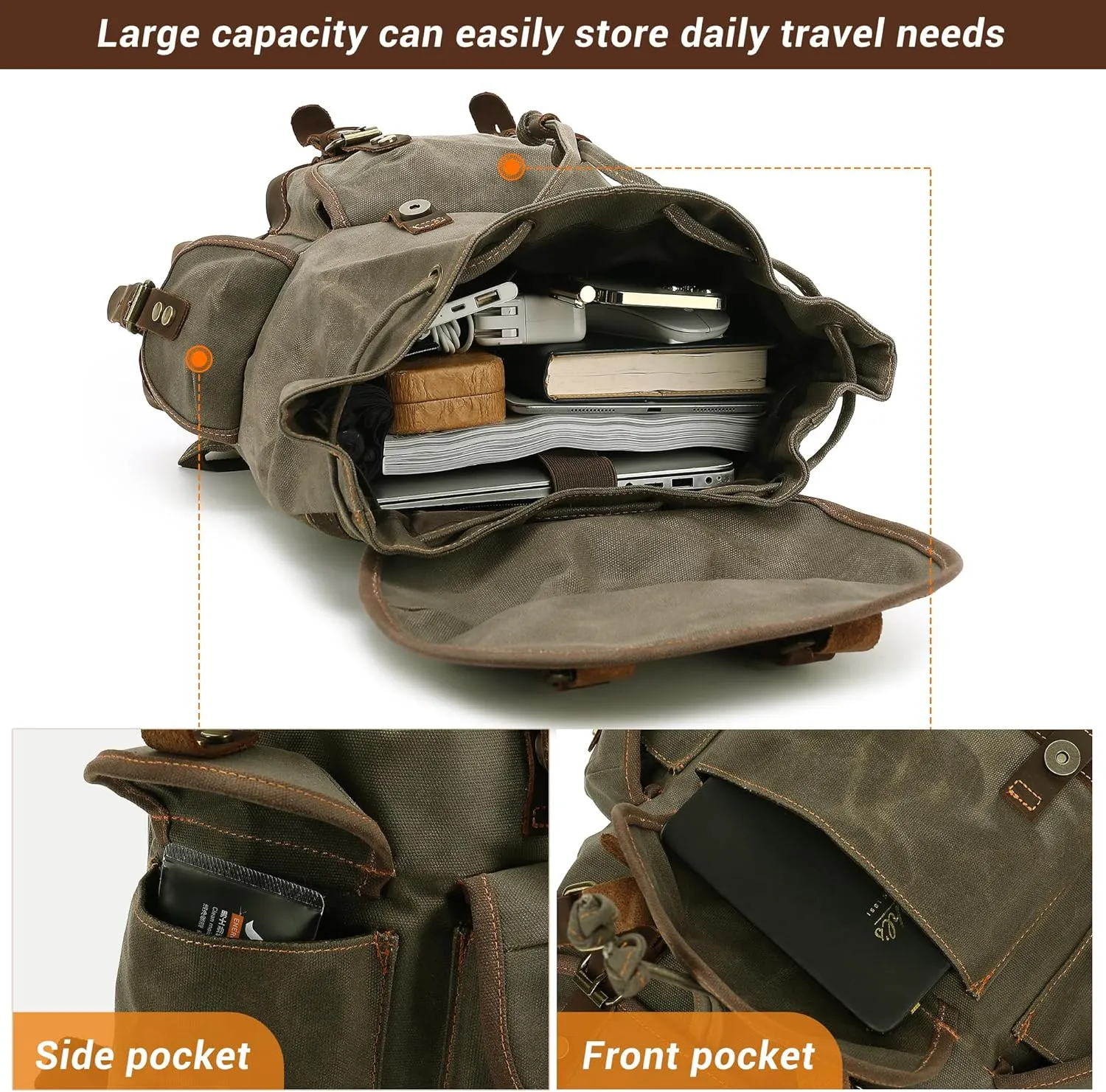 HuaChen Vintage Wax-Coated Canvas & Leather Backpack: Spacious Durable Rucksack for Men & Women, Perfect for Travel, Hiking, and College Life (M86_Army Green with Brown)