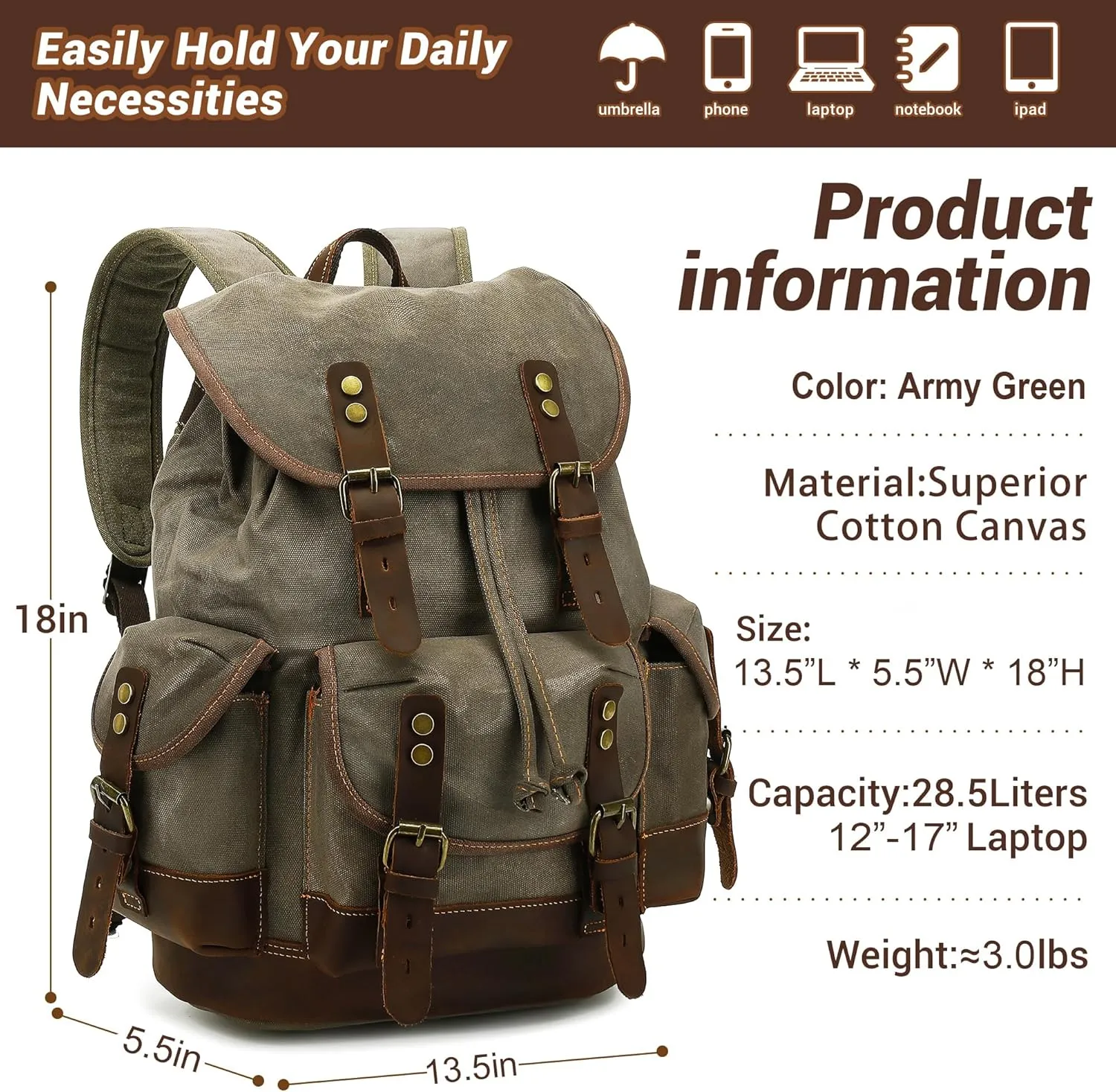 HuaChen Vintage Wax-Coated Canvas & Leather Backpack: Spacious Durable Rucksack for Men & Women, Perfect for Travel, Hiking, and College Life (M86_Army Green with Brown)