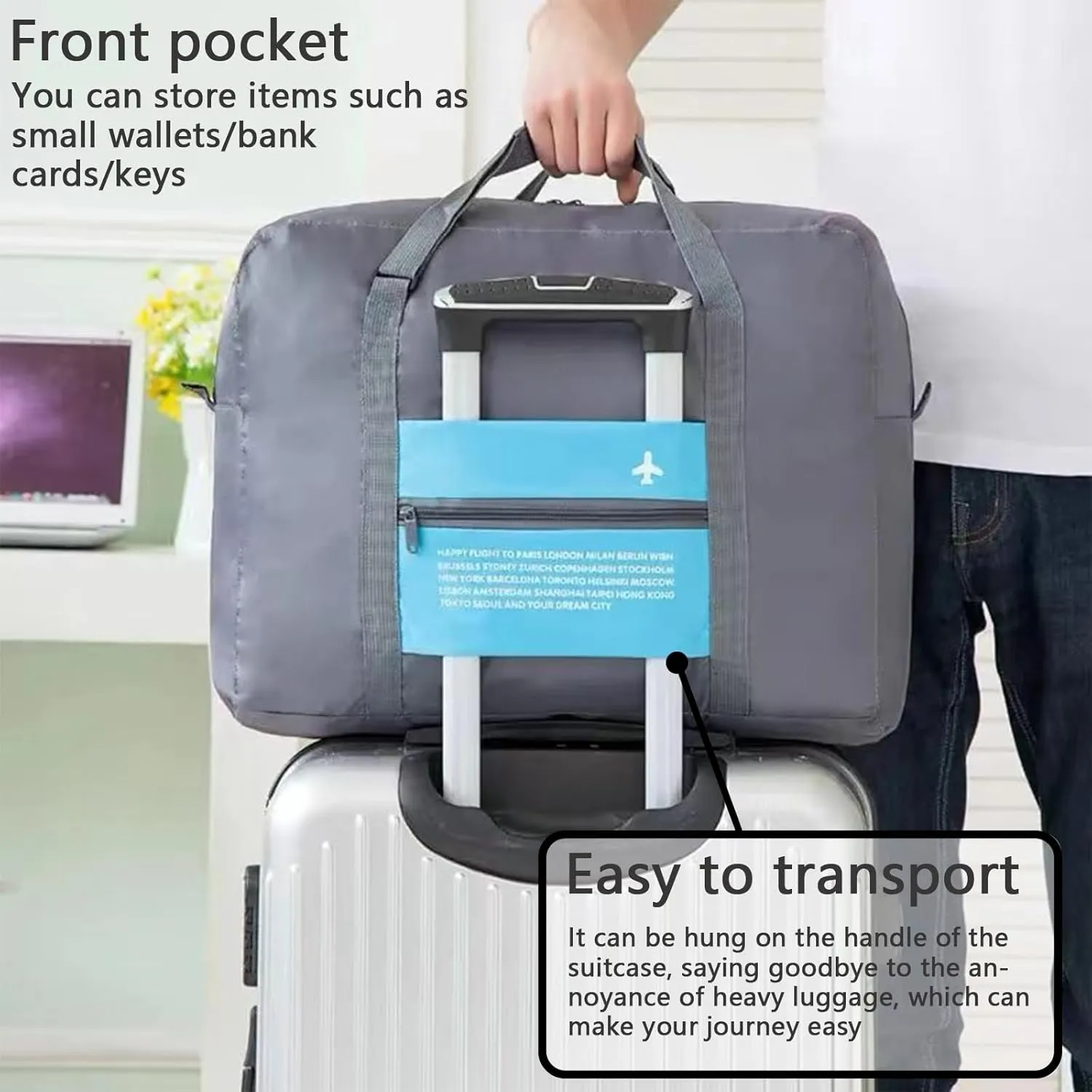 INVODA Travel Bag Foldable Duffle Bag for Women and Men Lightweight Luggage Bag Personal Item Bag for Airlines Weekender Carry on Bag Tote Overnight Bag (Blue)