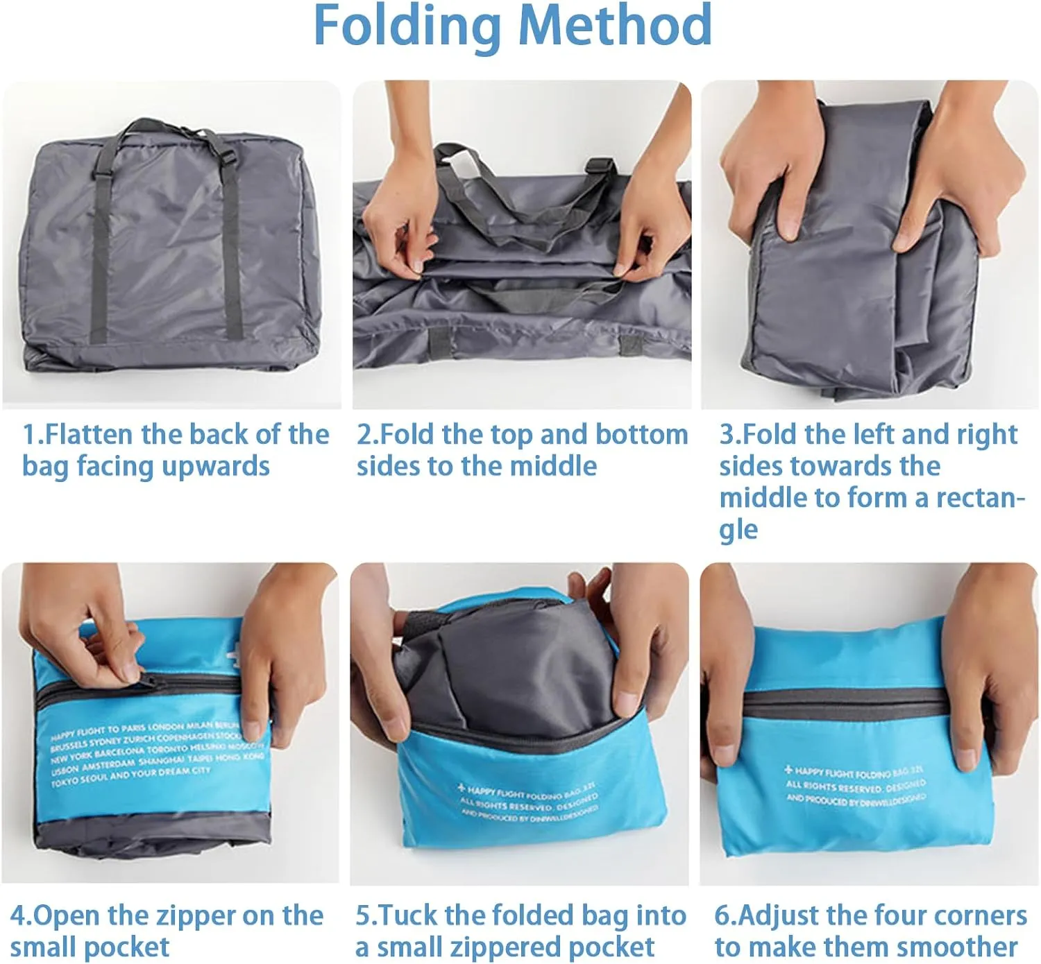 INVODA Travel Bag Foldable Duffle Bag for Women and Men Lightweight Luggage Bag Personal Item Bag for Airlines Weekender Carry on Bag Tote Overnight Bag (Blue)