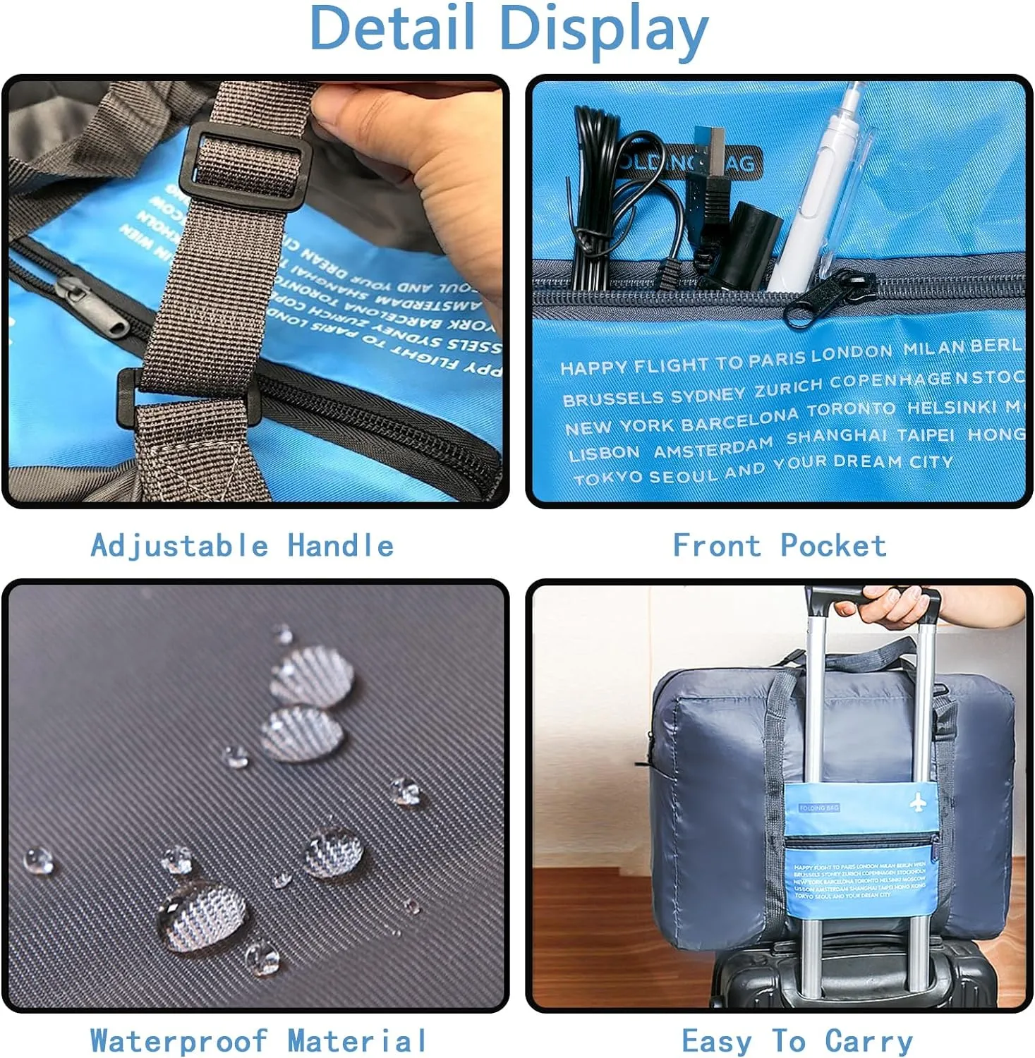 INVODA Travel Bag Foldable Duffle Bag for Women and Men Lightweight Luggage Bag Personal Item Bag for Airlines Weekender Carry on Bag Tote Overnight Bag (Blue)