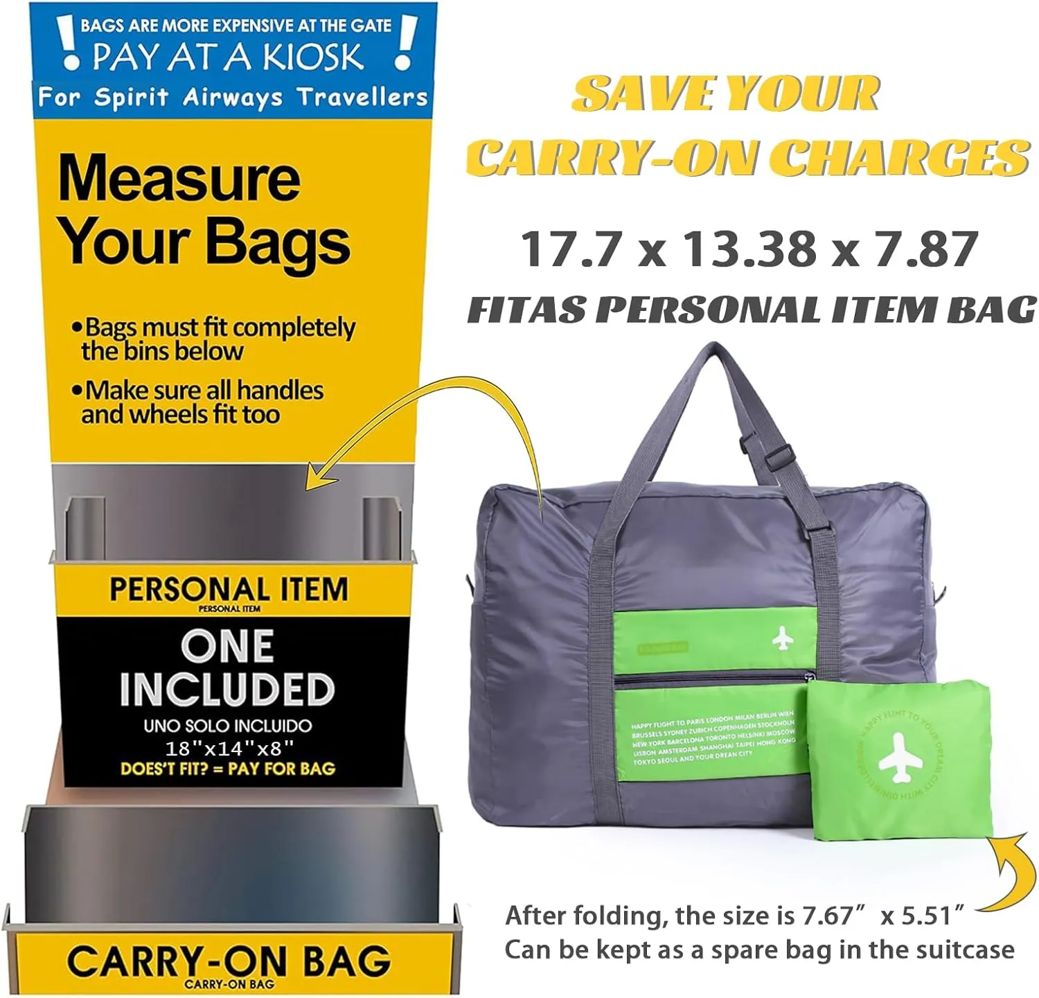 INVODA Travel Bag Foldable Duffle Bag for Women and Men Lightweight Luggage Bag Personal Item Bag for Airlines Weekender Carry on Bag Tote Overnight Bag (Green)