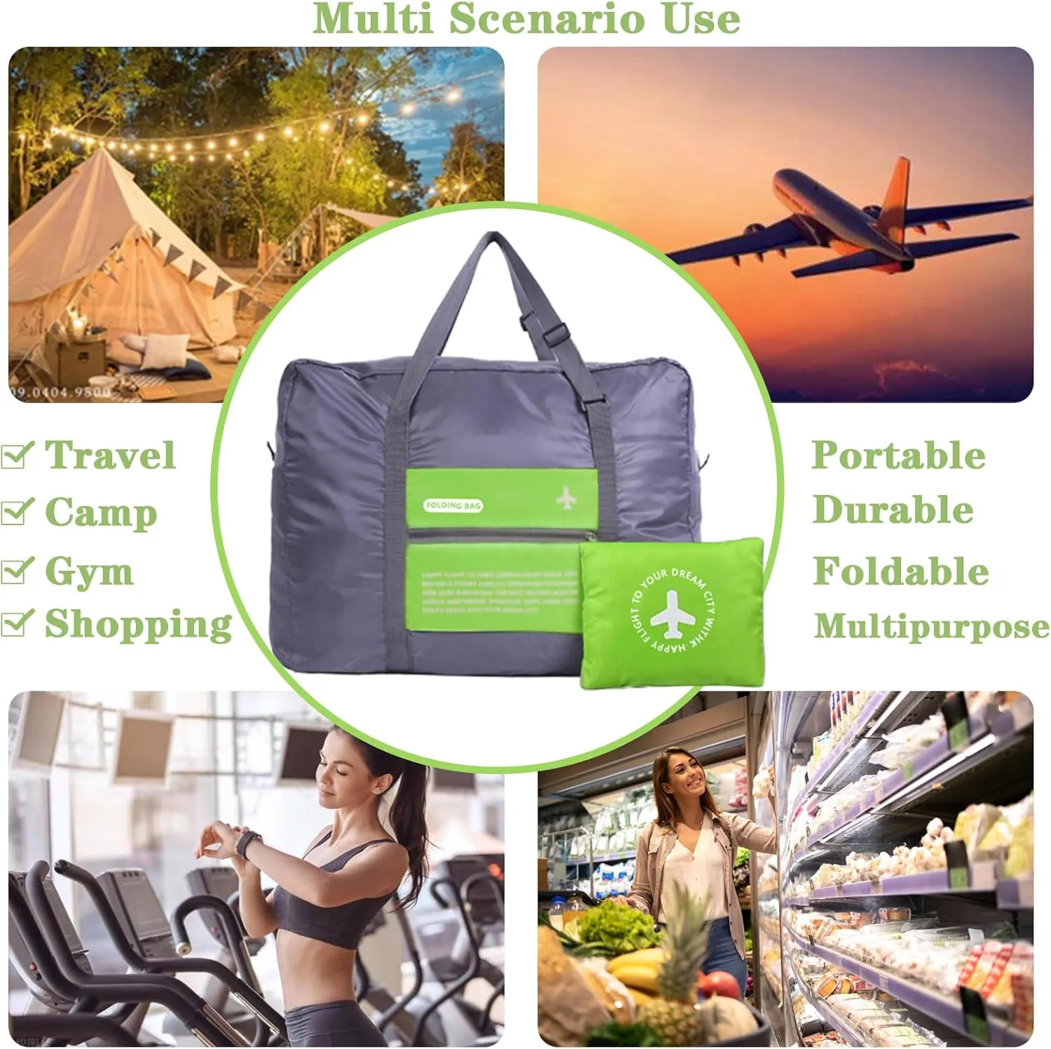 INVODA Travel Bag Foldable Duffle Bag for Women and Men Lightweight Luggage Bag Personal Item Bag for Airlines Weekender Carry on Bag Tote Overnight Bag (Green)