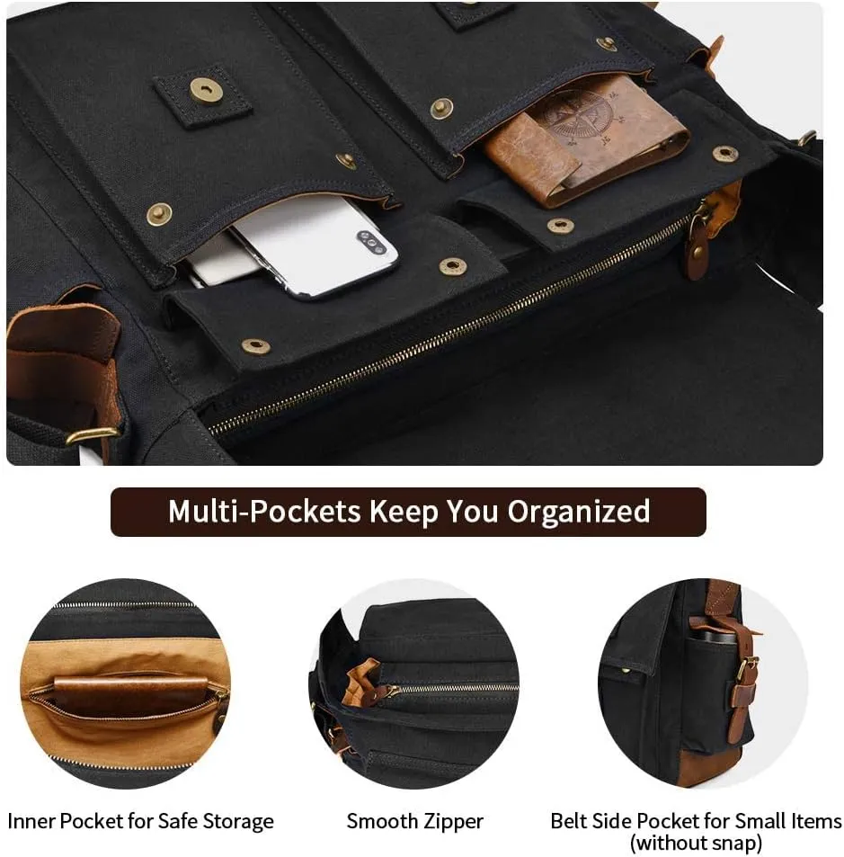 Kattee Military Messenger Bag Canvas Leather Shoulder Bag Fits 14.7/15.6 Inch Laptop