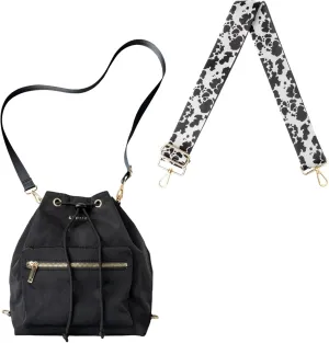 KEDZIE Aries Convertible Bucket Bag 3-Way Backpack (Black V2) & Interchangeable 2-Inch Bag Strap (Deja Moo)