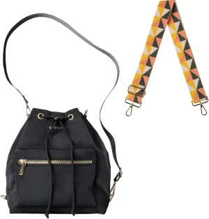 KEDZIE Aries Convertible Bucket Bag 3-Way Backpack (Black V2) & Interchangeable 2-Inch Bag Strap (Gilded)
