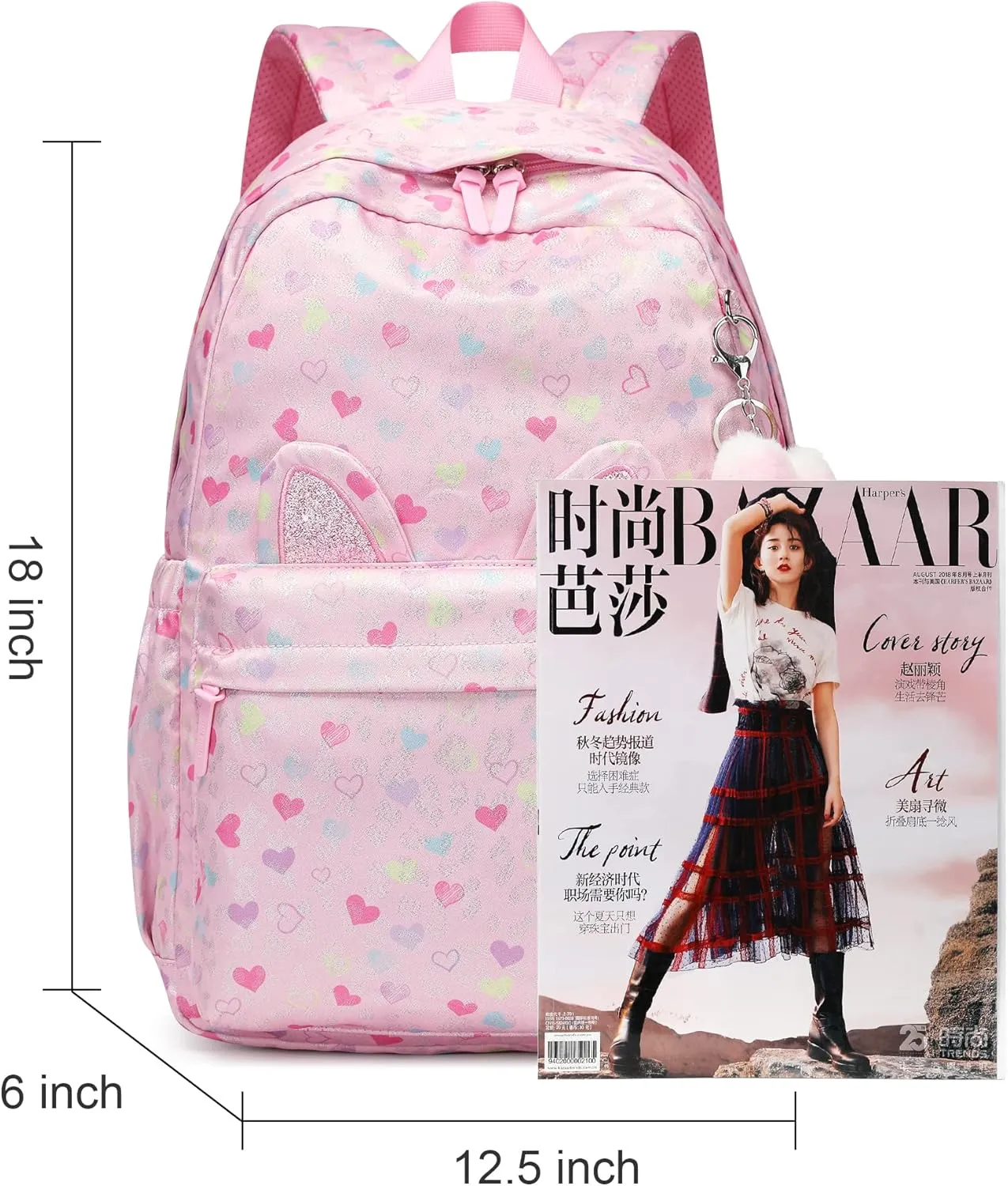 Kids Backpack Girls And Boys Pink Waterproof Large Space School Backpack Suitable for Age for Over 6 Years old Lightweight Travel Cat Ear Heart Keychain Toddler BackpackPink Heart