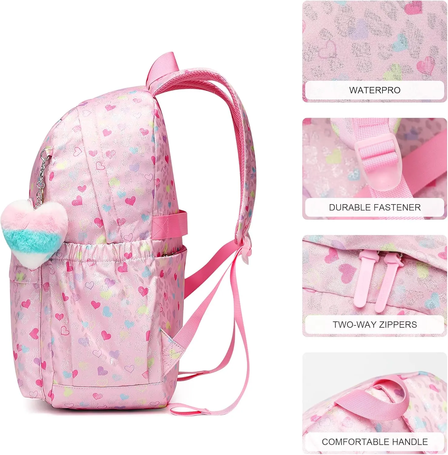 Kids Backpack Girls And Boys Pink Waterproof Large Space School Backpack Suitable for Age for Over 6 Years old Lightweight Travel Cat Ear Heart Keychain Toddler BackpackPink Heart