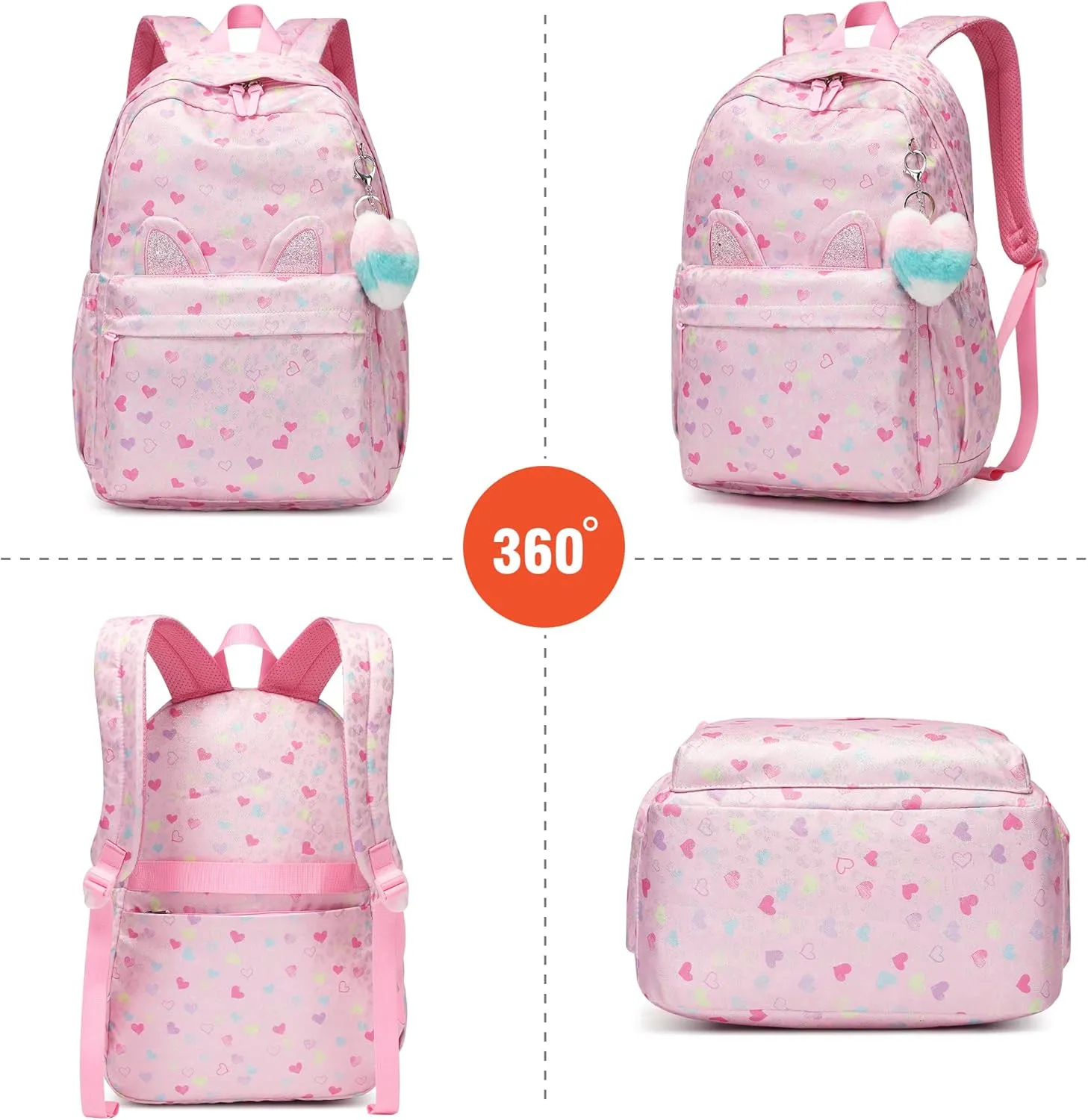 Kids Backpack Girls And Boys Pink Waterproof Large Space School Backpack Suitable for Age for Over 6 Years old Lightweight Travel Cat Ear Heart Keychain Toddler BackpackPink Heart