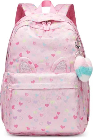 Kids Backpack Girls And Boys Pink Waterproof Large Space School Backpack Suitable for Age for Over 6 Years old Lightweight Travel Cat Ear Heart Keychain Toddler BackpackPink Heart