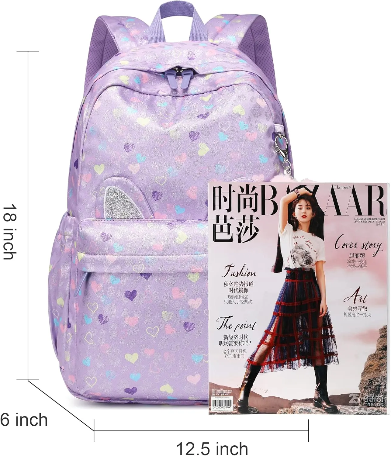 Kids Backpack Girls Light Purple Waterproof Large Space School Backpack Suitable for Age for Over 6 years old Lightweight Travel Cat Ear Heart Keychain Children BackpackLight Purple Peach Heart