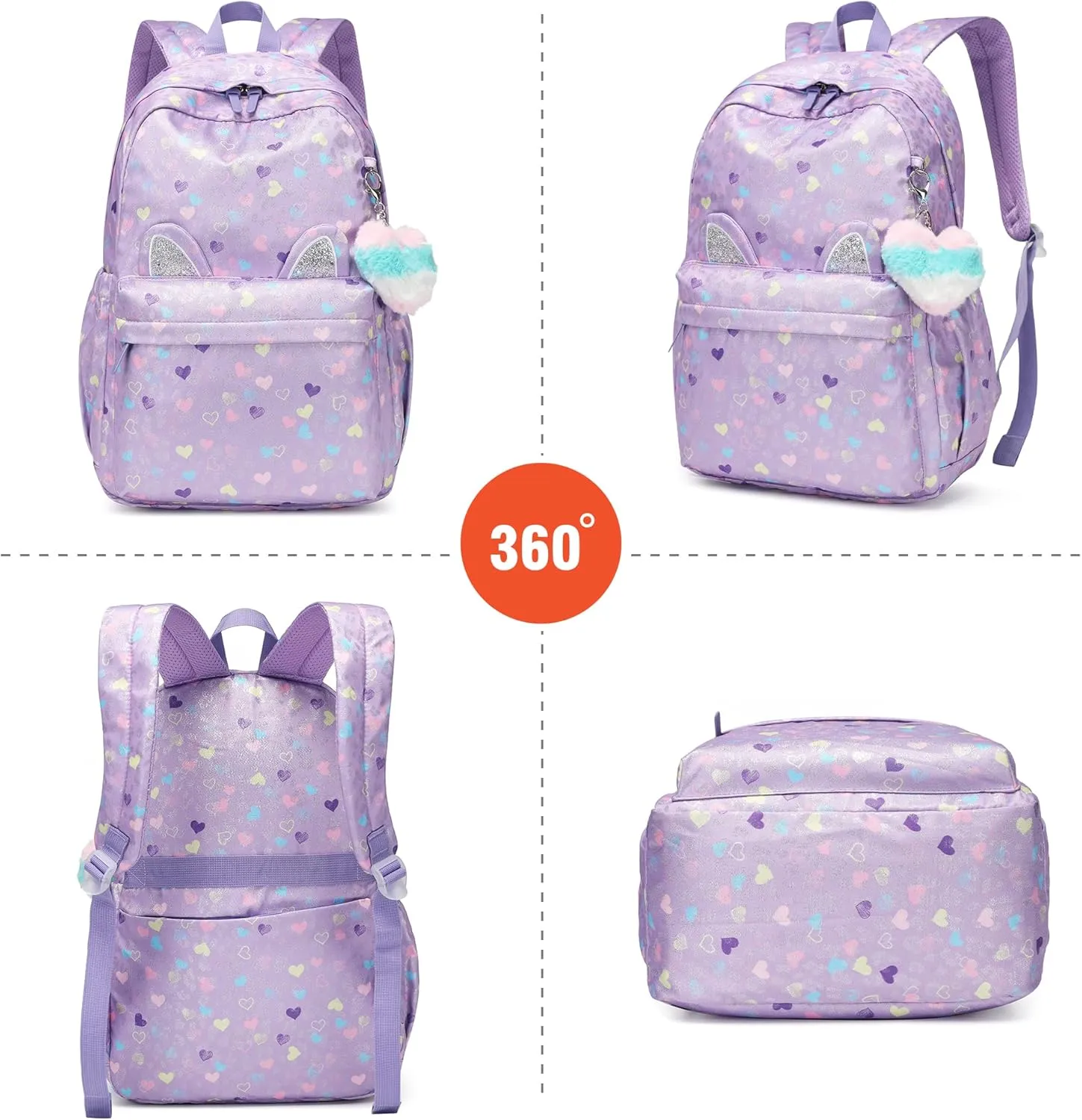 Kids Backpack Girls Light Purple Waterproof Large Space School Backpack Suitable for Age for Over 6 years old Lightweight Travel Cat Ear Heart Keychain Children BackpackLight Purple Peach Heart