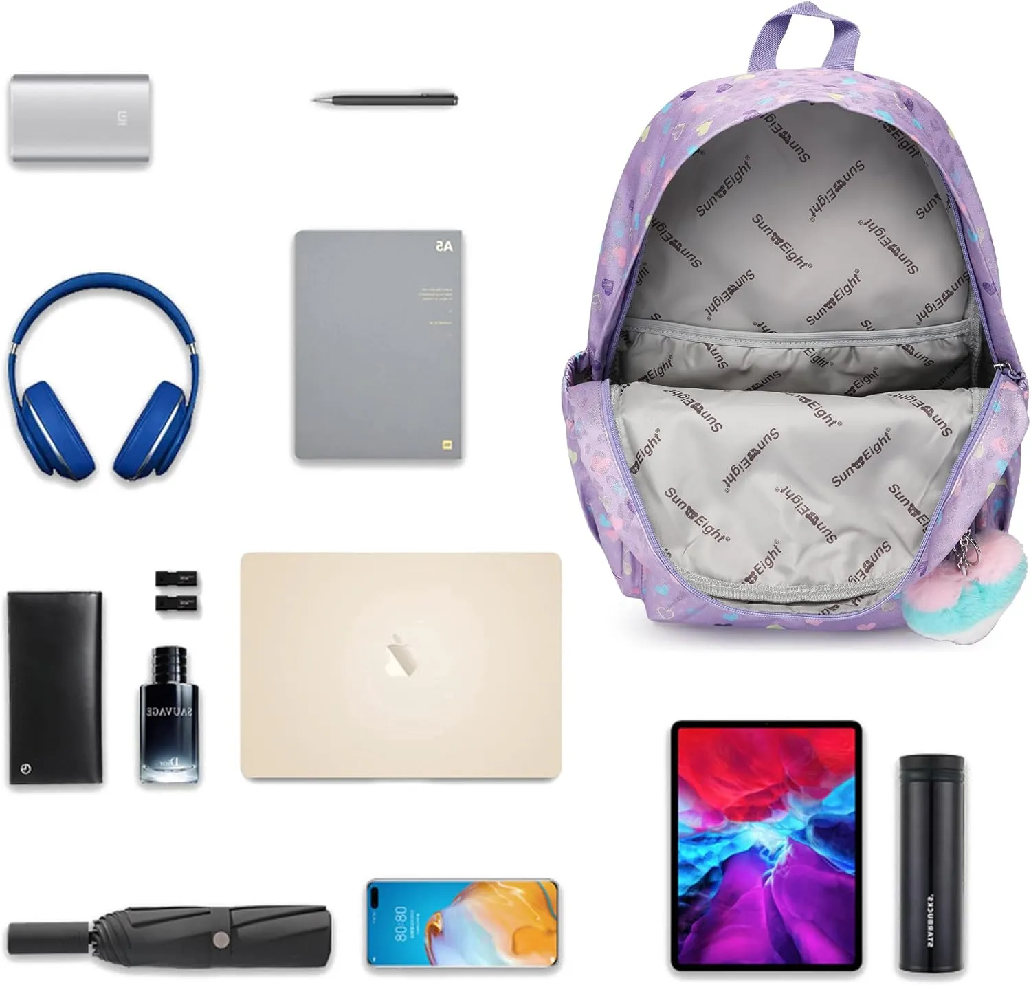 Kids Backpack Girls Light Purple Waterproof Large Space School Backpack Suitable for Age for Over 6 years old Lightweight Travel Cat Ear Heart Keychain Children BackpackLight Purple Peach Heart