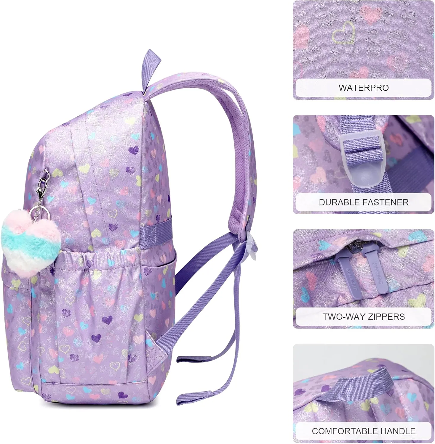 Kids Backpack Girls Light Purple Waterproof Large Space School Backpack Suitable for Age for Over 6 years old Lightweight Travel Cat Ear Heart Keychain Children BackpackLight Purple Peach Heart