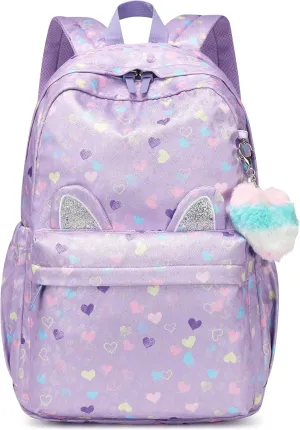 Kids Backpack Girls Light Purple Waterproof Large Space School Backpack Suitable for Age for Over 6 years old Lightweight Travel Cat Ear Heart Keychain Children BackpackLight Purple Peach Heart