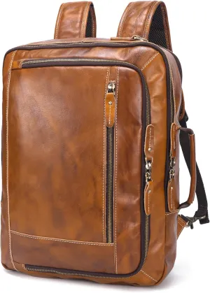 LANNSYNE Vintage Genuine Leather Backpack For Men, 2 in 1 Expandable Briefcase Fits 17'' Laptop Crossbody shoulder Bag Business/Travel Rucksack