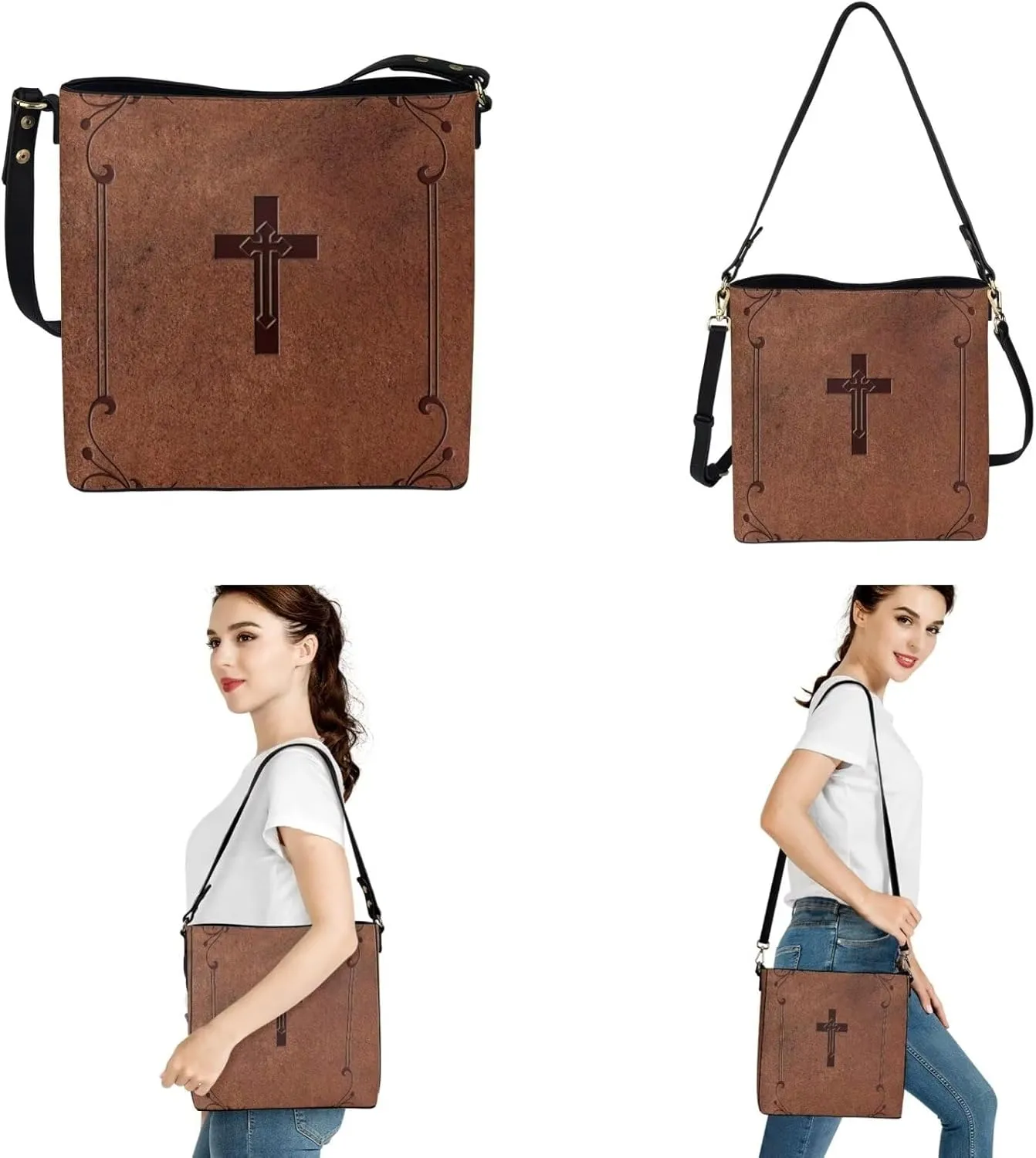 Leather Bucket Bags for Women Messenger Bag Matching Wallet and Keychain Accsessory 3 Pcs