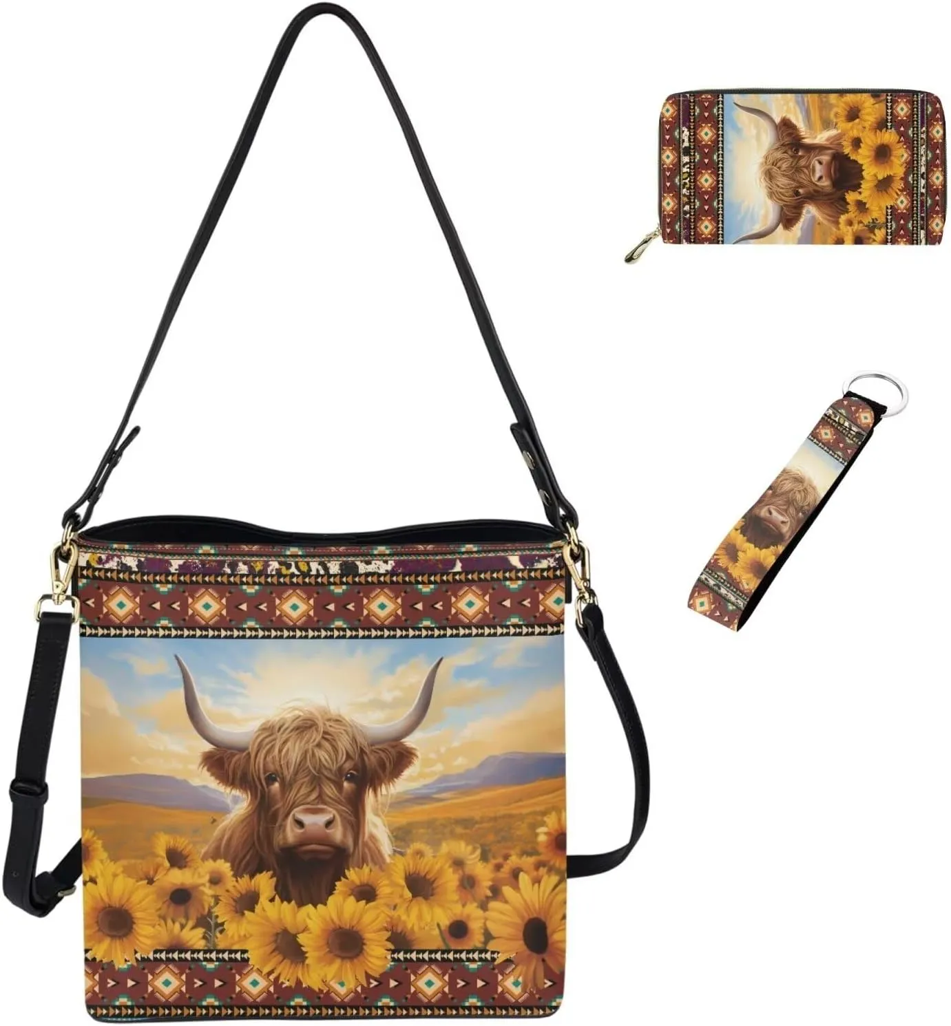 Leather Bucket Bags for Women Messenger Bag Matching Wallet and Keychain Accsessory 3 Pcs