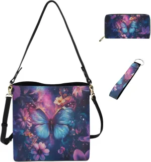 Leather Bucket Bags for Women Messenger Bag Matching Wallet and Keychain Accsessory 3 Pcs
