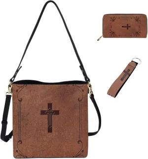 Leather Bucket Bags for Women Messenger Bag Matching Wallet and Keychain Accsessory 3 Pcs